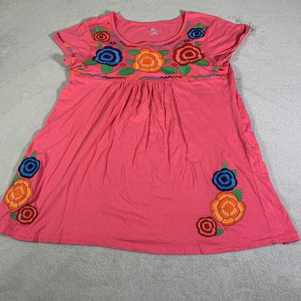 South Main Dress Womens XXL Pink Floral Embroidered Scoop Neck Swing Boho Plus